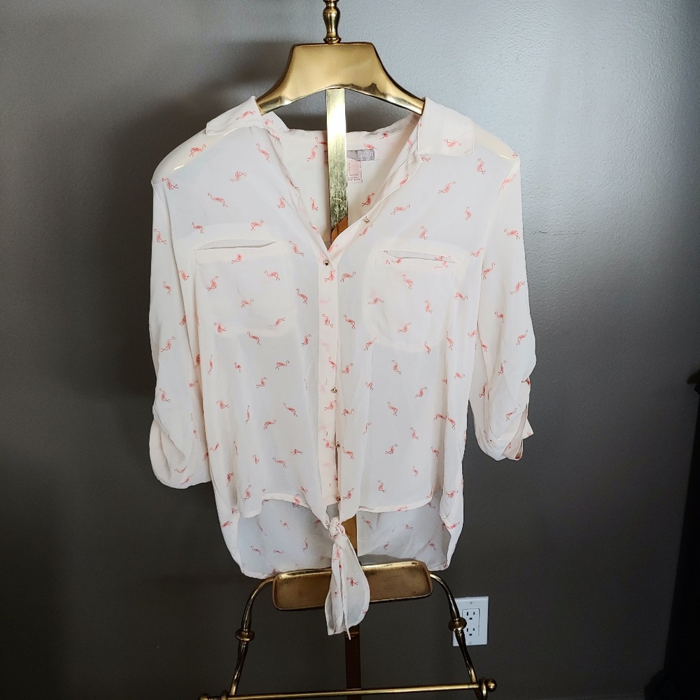 Cream Blouse with Pink Flamingos